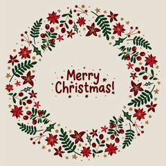 Christmas wreath with leaves and berries. Christmas berries, branches. Christmas decoration circle.