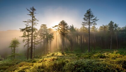 a serene forest scene at sunrise with sunlight piercing through tall trees creating a dramatic interplay of light and shadows in the mist