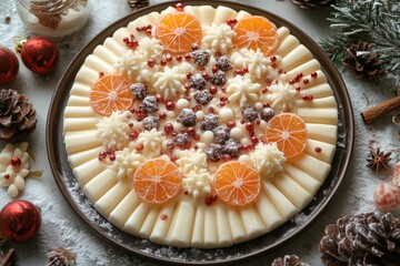 Orange slices and nuts on a plate.