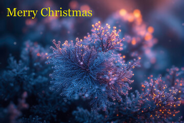 Frosted branch with soft holiday lights, festive Christmas background.