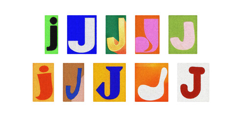 Magazine letter J cutout tiles collage set, colorful on transparent PNG
