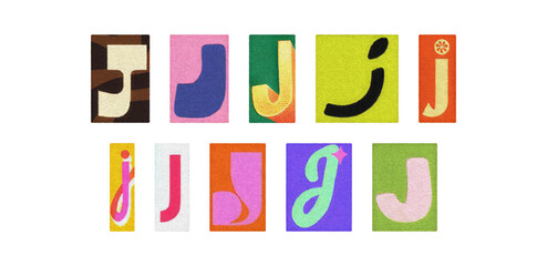 Colorful letter J collage from magazine clippings, isolated transparent PNG
