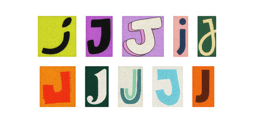 Colorful letter J collage from magazine clippings, isolated transparent PNG
