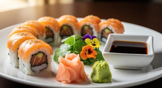 Exquisite Salmon Sushi Rolls With Vibrant Garnishes And Soy Sauce