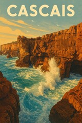 Retro travel poster artwork of dramatic rocky cliffs at Cascais Portugal with waves crashing against the rugged coastline under a warm sky with seabirds flying overhead