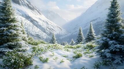 A snowy mountain valley with evergreen trees dusted in snow and small alpine flowers peeking through 
