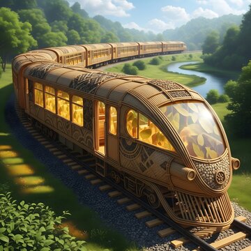 Eco-friendly bamboo train sustainable transport design, green futuristic concept illustration
