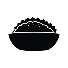 Monochrome silhouette of a bowl filled with fluffy food or ingredient, taco bowl silhouette vector illustration