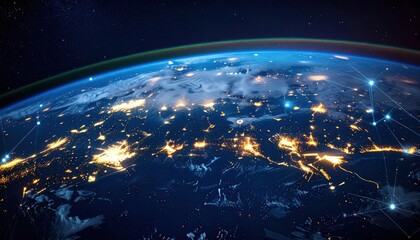 From space planet earth glowing at night with bright city lights connected dots global connectivity concept for international progress and unity advanced atmosphere