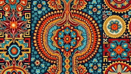 Intricate and vibrant ornamental design showcases a colorful, symmetrical pattern featuring floral and geometric elements arranged in a repeating, seamless composition with a rich palette of blue,...