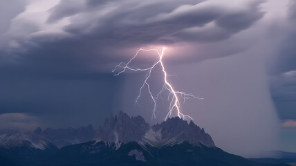 Lightning strikes over the mountains during a thunderstorm at night