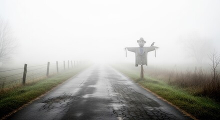 Eerie roadside sentinel, a scarecrow stands guard in dense fog, adding mystery to the desolate