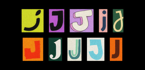 Magazine letter J cutout collage set arranged on a black background
