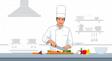 Skilled chef in a professional kitchen expertly chopping fresh vegetables on a cutting board, preparing a healthy meal