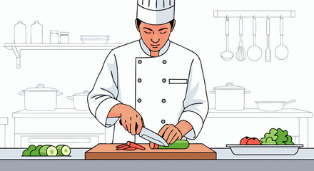 Professional chef in a white uniform skillfully chopping vegetables on a wooden cutting board in a kitchen with cooking utensils in the background