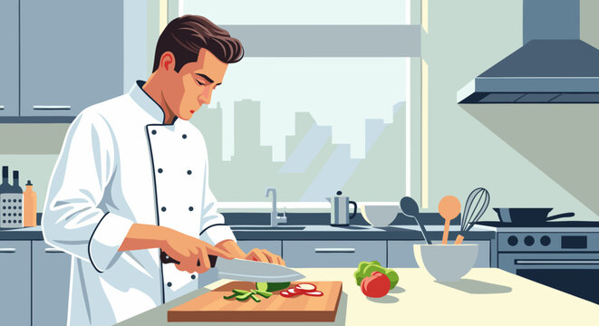 A professional male chef in a white uniform chops vegetables on a wooden cutting board in a modern, well-lit kitchen preparing ingredients for a culinary creation