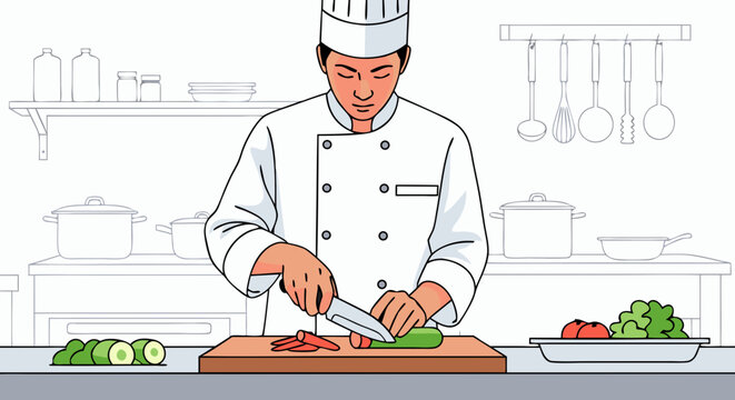 Professional chef in a white uniform skillfully chopping vegetables on a wooden cutting board in a kitchen with cooking utensils in the background