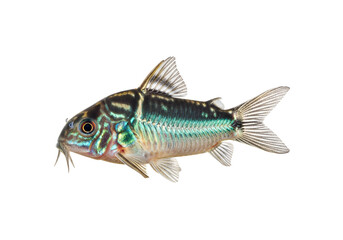 Obraz premium A side view of a vividly colored fish, showcasing intricate patterns and striking teal hues against a stark black backdrop.