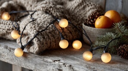 Decorative solar powered garlands illuminated on a cozy knit blanket with fresh fruits and pinecones during the festive Christmas period