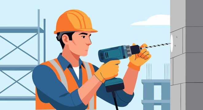 Construction worker with safety helmet and vest drills a hole in a wall with an electric drill on a construction site, representing labor and building