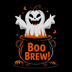 Halloween themed boo brew cauldron spooky setting graphic design dark environment playful viewpoint