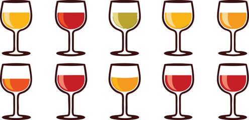 Colorful Wine Glass Vector Set – Red Wine, White Wine, Cocktail, and Party Drink Illustration