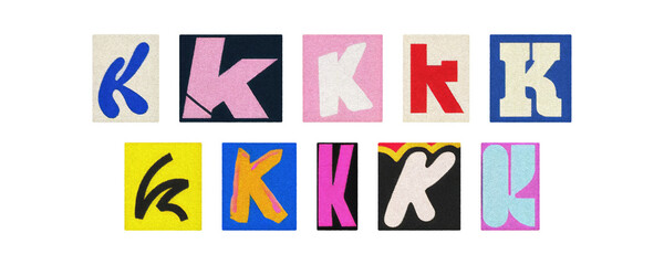 Magazine letter K cutout tiles collage set, colorful on transparent PNG
