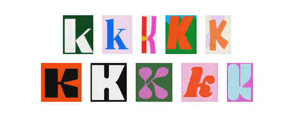 Magazine letter K cutout tiles collage set, colorful on transparent PNG
