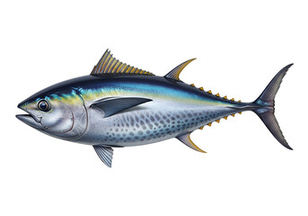Naklejka premium A detailed illustration of a tuna fish, showcasing its intricate scales and fin structures against a stark black background.