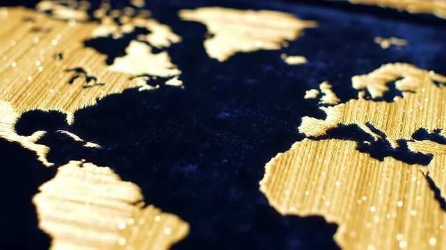 Intricate embroidered world map on dark velvet, gold continents in detailed close-up shot