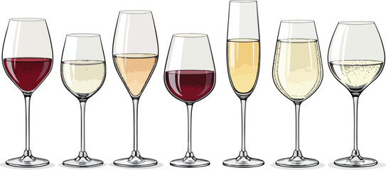 Colorful Wine Glass Vector Set – Red Wine, White Wine, Cocktail, and Party Drink Illustration
