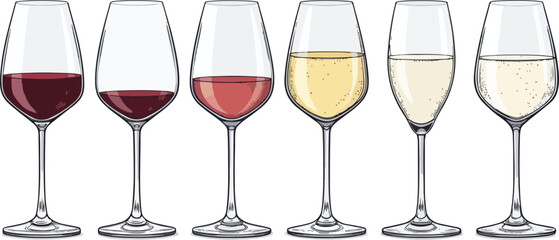 Colorful Wine Glass Vector Set – Red Wine, White Wine, Cocktail, and Party Drink Illustration