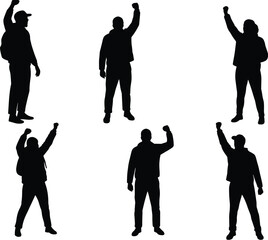 Collection of male and female protestor silhouettes with raised fists, for political rally, human rights, and social justice activism.
