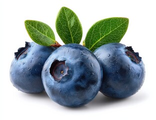 Obraz premium Fresh Blueberries with Leaves on White Background