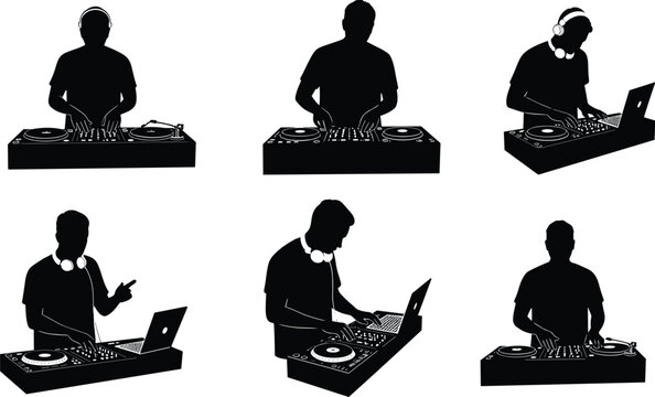 Collection of male DJ silhouettes with headphones and equipment, mixing and performing music on white background for party.