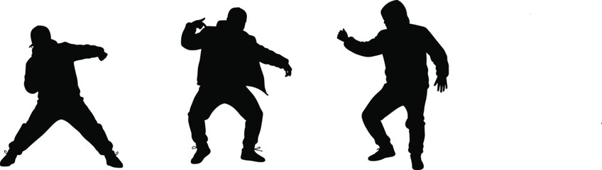 Dynamic male hip-hop dancers silhouettes in various poses, energetic urban street dance, black and white artistic studio shots.