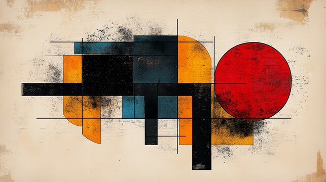 Abstract geometric composition inspired by De Stijl with distressed textures in red, black, yellow, and blue

