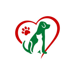 A green dog and white cat inside a red heart shape with a paw print.