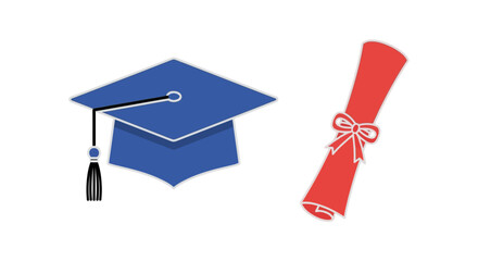 Illustration of a blue graduation cap with tassel and a red diploma scroll tied with a ribbon.