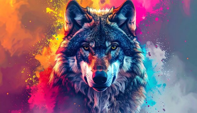 Majestic Wolf Portrait in Vibrant Colors.