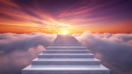 White marble staircase ascending into the sky, reaching towards a mesmerizing and grand sunset. A metaphorical journey to achieve dreams, reach great heights, or embrace newfound possibilities
