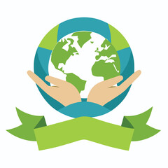 Hands holding a green earth globe with a ribbon banner