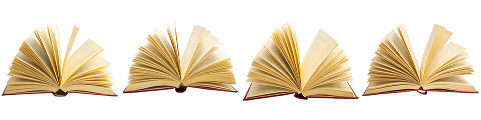 Four open books isolated on transparent background, pages fanned out