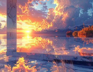 A serene sunrise reflection over tranquil waters, with fluffy clouds painted in hues of gold and orange. The scene is mirrored in the still water, creating a sense of peace