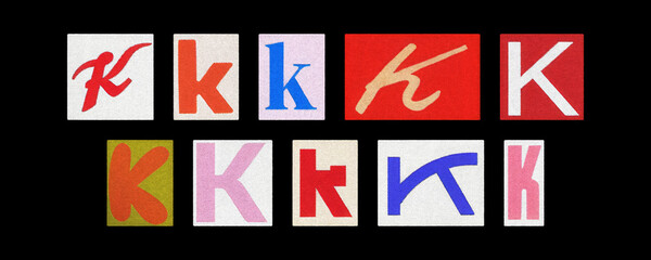 Vintage and modern letter K tiles collection, collage on black background

