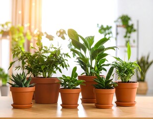 Indoor plants in terracotta pots on a light wooden table