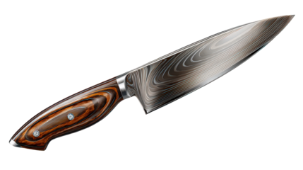 Damascus Steel Chef Knife with Wood Handle on Black Background