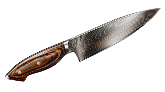 Damascus Steel Chef Knife with Wood Handle on Black Background