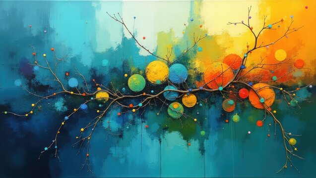 A vibrant abstract painting presents a colorful composition featuring organic elements intertwined with circles and dots, creating a dynamic visual experience across a textured background with an...