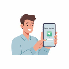 Flat Style Smiling Man Holding Smartphone with Online Banking App